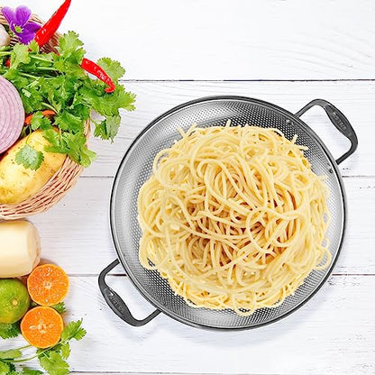 Tiawudi Large 6-Qt Colander, 18/8 Stainless Steel Mesh Strainer for Kitchen, Food Sieve with Riveted Handles and Self-draining Solid Ring Base, Great for Pasta, Rice, Vegetables and Fruits