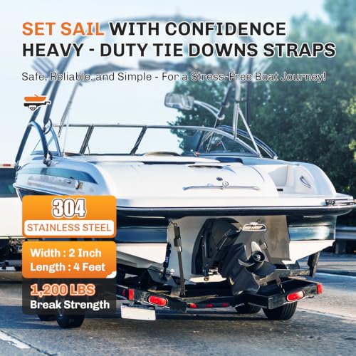 Stainless Steel Boat Trailer Transom Tie Down Straps, 1200 LBS Capacity, 2" x 4' Adjustable Buckle Straps for Boat, Jet Ski & Pontoon, with Quick-Release & Anti-Scratch Hooks - Silver - color: Silver