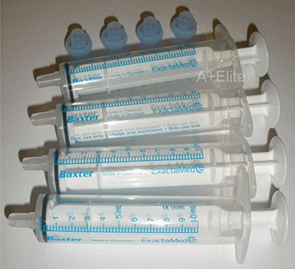 BAXA ExactaMed Oral Liquid Medication Syringe 10cc/10mL 4/PK Clear Medicine Dose Dispenser with Cap Exacta-Med Baxter Comar Latex Free