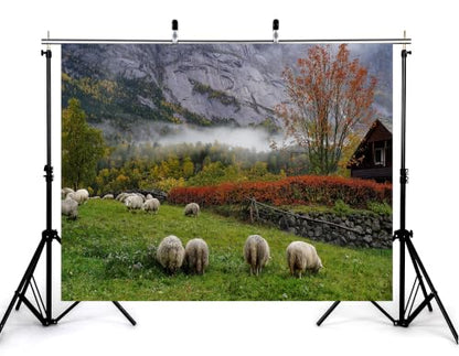 4x4ft Autumn Mountain Sheep Pasture Backdrop White Wool Sheep Red Maple Tree Mist Cliff Wooden Cabin Background Tapestry Party Nordic Farm Scenery Decorations Photo Booth Props - size: 4x4ft