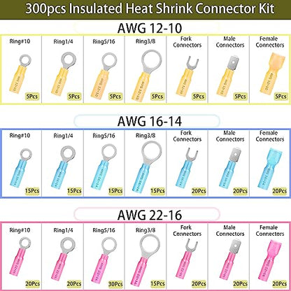 300Pcs Waterproof Electrical Heat Shrink Wire Connector Terminal Kit - size: 300pcs-Assortment