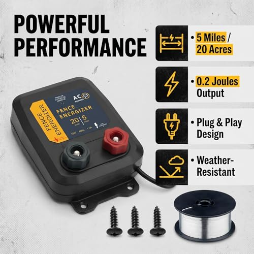 Electric Fence Charger 5 Mile / 20 Acre Range AC Powered 120V with 0.2 Joule Output Includes 250 Ft 17 Gauge Aluminum Wire & 4 Anti-Rust Screws for Raccoons, Skunks, Squirrels & Livestock Protection - color: 0.20 Joule With accessories