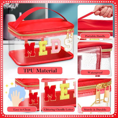 Geetery Chenille Letter Bag, Meds Cheer Travel Cases Cheerleader Gifts Cosmetic Bag Nylon Makeup Portable Preppy Patch with Zipper Toiletry Storage Case for Women(Red,Meds) - color: Red, style: Meds