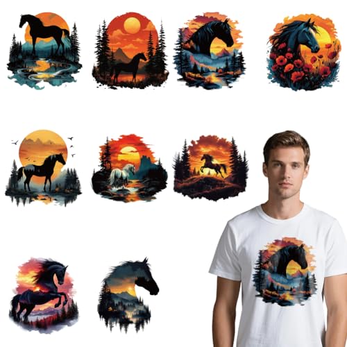 arricraft 9 Sheets Horse Sunset Scenery Iron on Decals Patches, Sunset Birds Forests Streams and Other Patterns Transfer Stickers PET Washable Patches for DIY Clothes Decor, 9.05 inch(23cm) Long - style: Horse Sunset Scenery Theme