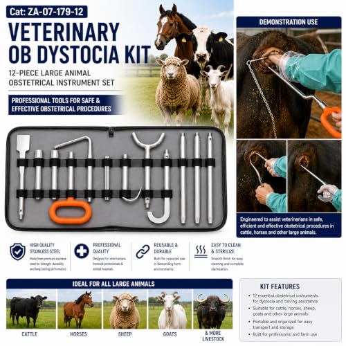 Veterinary OB Dystocia Kit, 12-Piece Large Animal Obstetrical Instrument Set, Stainless Steel, for Cattle, Horses, Sheep, Goats & Livestock, Professional Veterinary Equipment.