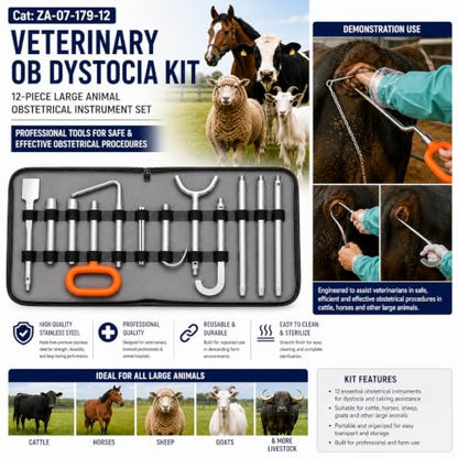 Veterinary OB Dystocia Kit, 12-Piece Large Animal Obstetrical Instrument Set, Stainless Steel, for Cattle, Horses, Sheep, Goats & Livestock, Professional Veterinary Equipment.