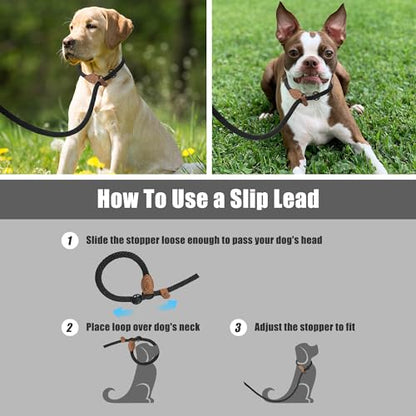 Mile High Life Heavy Duty Slip Lead No Pull Leash w Leather-Reinforced Ends - color: Jet Black, size: 4 Feet