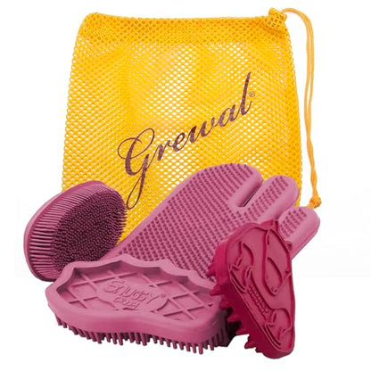 Grewal® Equestrian Grooming Bundle Kit - Comfy Pet Grooming & Bathing Glove - Oval Face Soft Bristles - Great for Thin & Sensitive Skin (Pink) - color: Pink