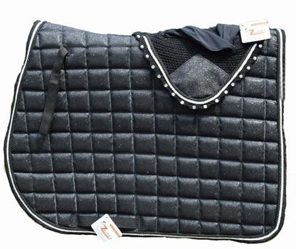 Black Glitter Saddle Pad Set Matching Ear Bonnet | Equestrian Show Gear | Horse Riding Matchy Set | Dressage or Jumping/Hunter - size: Horse/Full
