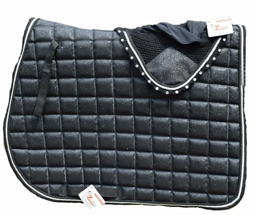 Black Glitter Saddle Pad Set Matching Ear Bonnet | Equestrian Show Gear | Horse Riding Matchy Set | Dressage or Jumping/Hunter - size: Cob