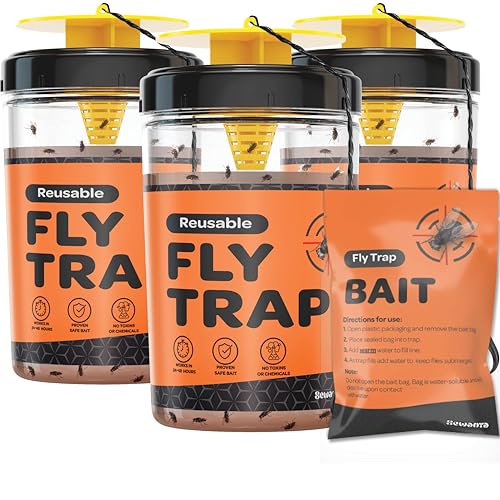 Fly Traps Outdoor [Set of 3] with Dissolvable Non-Toxic Bait - Reusable Hanging Bug Catcher Killer for All Flies for Outside Bug Control Patios, Barns, Ranches Etc. Hanging Fly Traps with Tie Included - style: 3 Traps