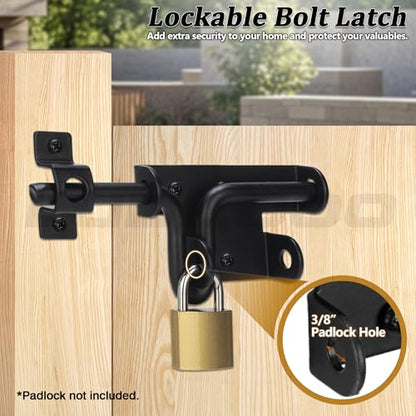 Slide Bolt Gate Latch Door Lock, Thickened Slide Bolt Latch Gate Hardware with Locking Hole for Padlock, Suitable for Heavy Duty Wooden Fence, Shed Doors, PVC Fence, Barn Doors, Black, 1 Pack