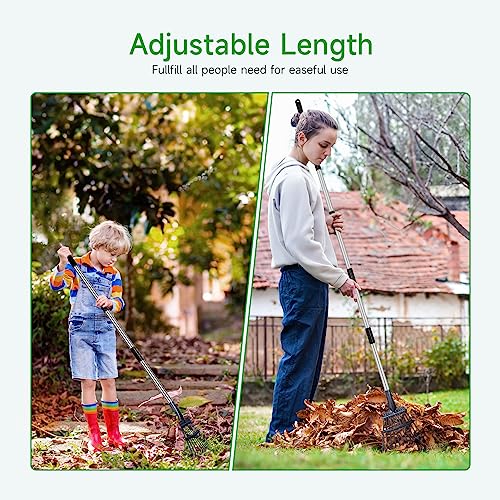 GreatBuddy Adjustable Leaf Rake, 8'' Wide Metal Rake, Perfect for Shrub, Flower Bed & Small Area, 29''- 72'' Expandable Stainless Steel Handle, Easy to Use - size: 11Tine