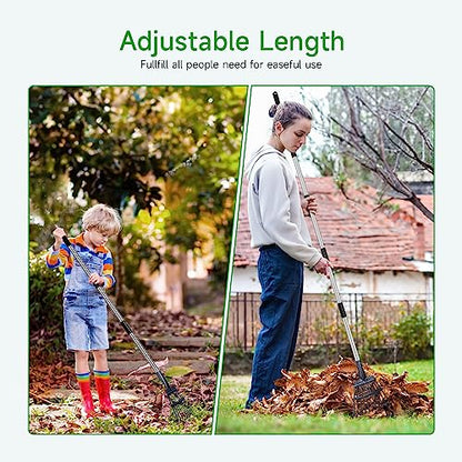 GreatBuddy Adjustable Leaf Rake, 8'' Wide Metal Rake, Perfect for Shrub, Flower Bed & Small Area, 29''- 72'' Expandable Stainless Steel Handle, Easy to Use - size: 11Tine