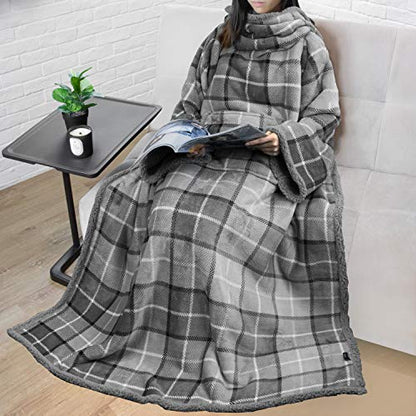 PAVILIA Sherpa Wearable Blanket with Sleeves and Pocket, Plush Thick Cozy Body Blanket Wrap for Adult Women Men, Christmas Gift for Wife Mom, Plaid Light Grey - color: Plaid Light Gray