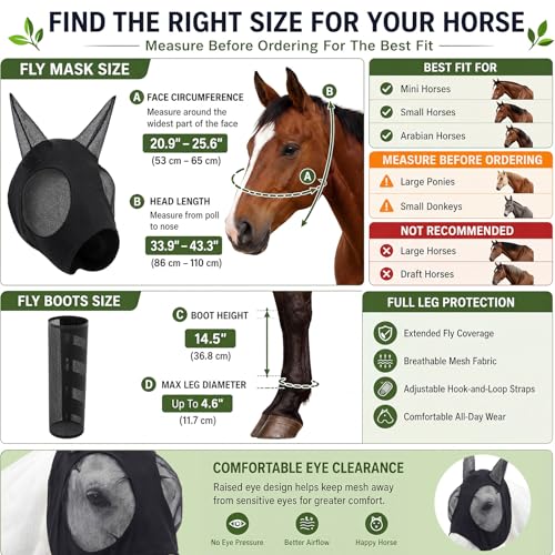 Hsei Mule Horse Fly Mask Set with Fly Boots with Ears Breathable Pony Equine Mask Horses Accessories for Pony Miniature Foal Draft Cob Arabian Donkey Farm Pet Small