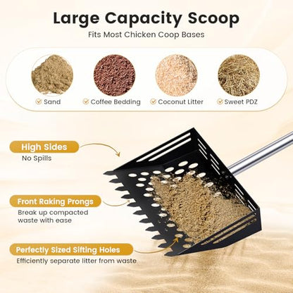 Chicken Poop Scooper and Rake, 2-in-1 Metal Sand Sifting Shovel with 24-68 Inch Adjustable Stainless Steel Handle, Cleaning Tools for Outdoor Chicken Coops, Farm Animals House
