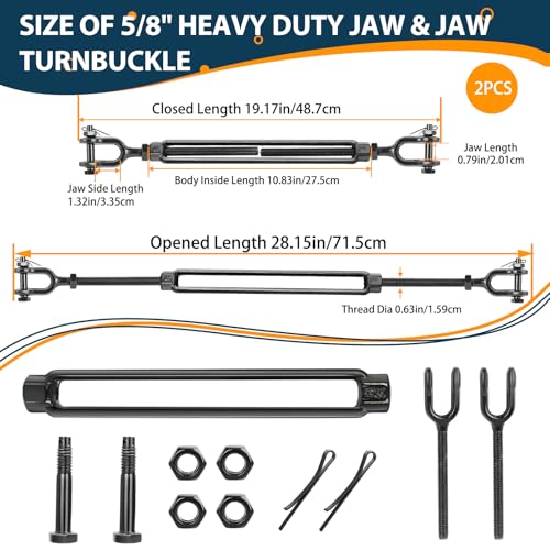 5/8" Cable Turnbuckle, Black Jaw and Jaw Turnbuckles - 3505 lbs WLL - size: 2 Pcs 5/8” x 19.2”