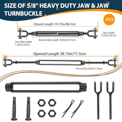 5/8" Cable Turnbuckle, Black Jaw and Jaw Turnbuckles - 3505 lbs WLL - size: 2 Pcs 5/8” x 19.2”
