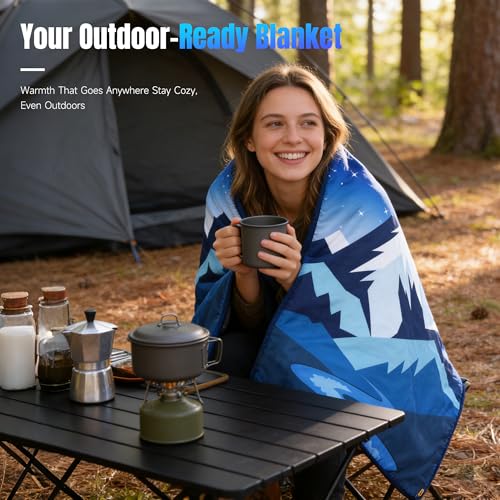 Tirrinia Waterproof Outdoor Blanket with Sherpa Lining, Windproof Foldable - color: Navy Mountain, size: 51” x 59”