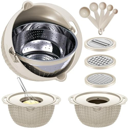 4-1 Colander with Bowl & Spoons Set - Rotatable Colander for kitchen with New Upgraded Graters, Food Strainer(Patented) for Pasta, Fruits, Vegetables, Funny Presents for Women, Beige - color: Beige