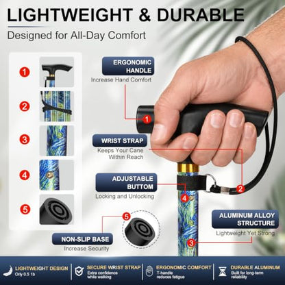 supregear Folding Cane, 5-Level Adjustable Height Walking Stick Lightweight Collapsible Portable Travel Cane with Wrist Strap and T Handle for Elderly Disabled Men Women - color: Oriental Blue
