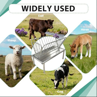 Heavy Duty Galvanized Steel Livestock Feeder, 4 Ft Outdoor Pasture Feeder, Large Capacity 2 in 1 Grain & Hay Rack with Steel Frame & 6” Deep Feed Pan, for Goats, Cow, Sheep, Horses