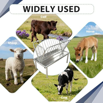 Commercial-Grade Hay Feeder, 2-in-1 Goat Hay Feeder with Deep Feed Pan, Heavy-Duty Galvanized Steel Hay Rack, Weather-Resistant & Scratch-Resistant Horse Hay Feeder for Large Livestock Herds