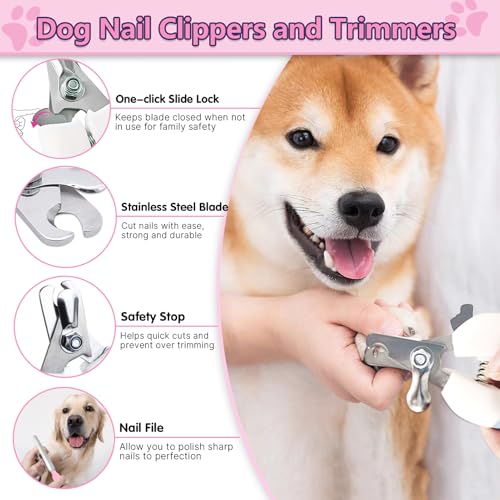 Dog Brush Grooming Kit 6PCS Dog Brush for Shedding-Dogs Brushes for Grooming, Dematting Comb for Dogs, Nail Clipper with Nail File, Flea Comb, Cat Bath Brush-Pink - color: Pink