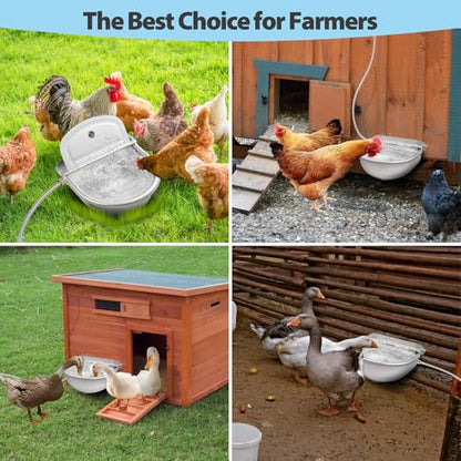 Automatic Water Dispenser for Chicken, 304 Stainless Steel Outdoor Auto Fill Waterer Bowl Self Refilling Watering System with 2 Float Valves and Drainage Hole for Chicken,Duck,Poultry