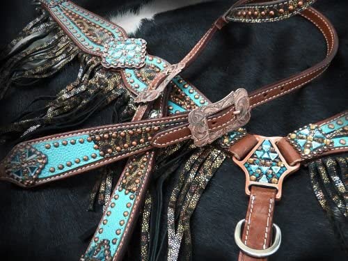 Showman Bejeweled Metallic Leopard Print Leather Headstall & Breast Collar Set