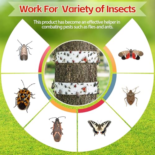 6 Rolls Spotted Lantern Fly Tree Trap, 30 ft Each, Outdoor Ant Trees Wrap | Fly Tree Tape Sticky Strips, for Protecting Trees, Fruit & Plants, Pest Control