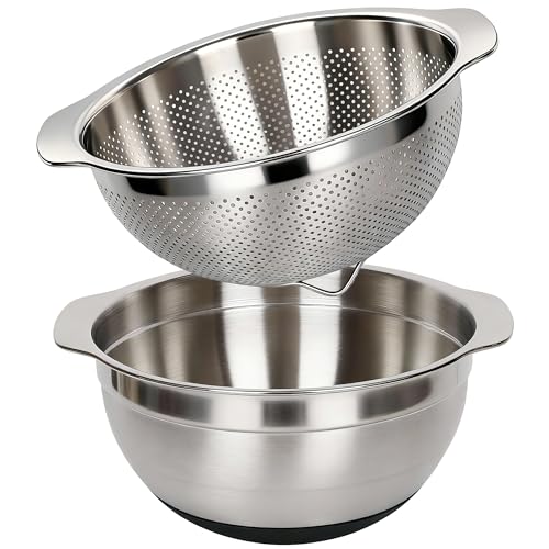 304 Stainless Steel Colander, 2.5 QT Capacity and 2.5 QT Mixing Bowl, Micropore Strainer for Washing Rice, Fruit, and Veggies, Perfect Draining for Cooked Pasta - size: 2.5QT+2.5QT