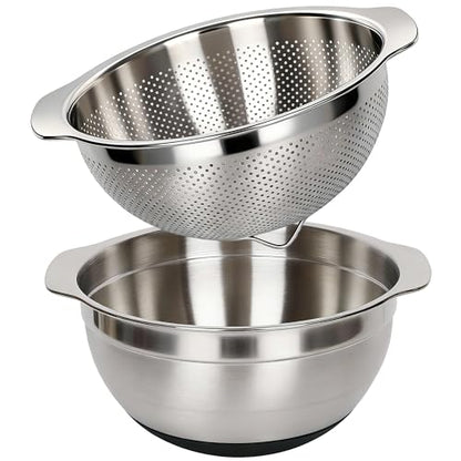 304 Stainless Steel Colander, 2.5 QT Capacity and 2.5 QT Mixing Bowl, Micropore Strainer for Washing Rice, Fruit, and Veggies, Perfect Draining for Cooked Pasta - size: 2.5QT+2.5QT
