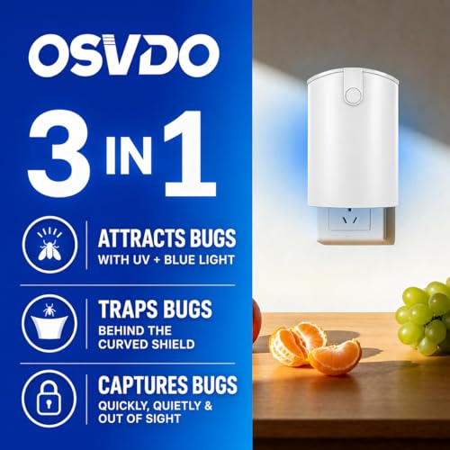 OSVDO Blue UV Light Flying Insect Trap, Plug-in Bug Catcher with 4 Refills | Indoor Fly Trap for 100+ Days, Fly Catcher for Flies, Fruit Flies, Gnats, Moths, Silent for Home, Kitchen - size: 1 Device & 4 Refills