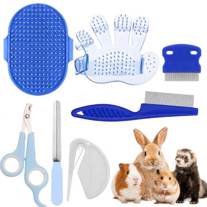 Rabbit Grooming Kit, 7-Piece Bunny Brush and Nail Care, Blue | 7 tools for loose fur, combing, light tangles and nail care; for rabbits, guinea pigs, hamsters and ferrets - color: Blue