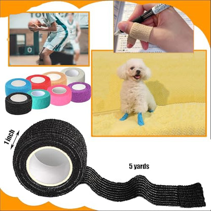 8 Pack 1 x 5 Yards Cohesive Wrap Self Adhesive Bandage Elastic Self Adherent Vet Tape for Athletic, Wrist, Ankle, Knees, Pets (Black) - color: Black, size: 1 Inch