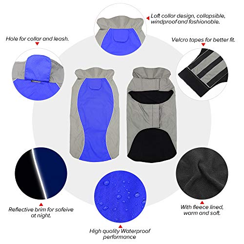 Vizpet Dog Raincoat Waterproof Coats,Dog Jacket High Visibility Warm Vest Dog Clothes for Small Medium Large Dogs (Blue-XL) - size: Blue-XL