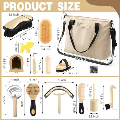 Abbylike 15 Pieces Horse Grooming Kit with Organizer Tote Bag Tack Room Supplies Horse Brush Sets Care Equine Cleaning Kit Shedding Grooming Massaging Tools (Beige) - color: Beige