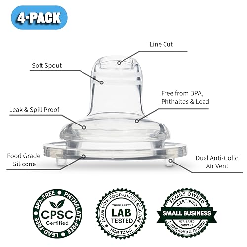 Sippy Spout Nipples for Lansinoh, MAM, Evenflo, Pigeon Baby Bottles 4-Count | Food Grade Soft Silicone, BPA, Lead and Phthalate Free, Variable Flow, Spill-Proof, Converts Bottle to Sippy Cup, 4+ months
