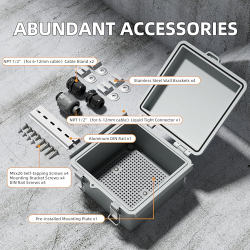 Joinfworld Outdoor Electrical Box 6X6 Junction Box | IP67 Waterproof ABS Box with Good WiFi, Stainless Latch, Aluminum DIN Rail, 3 NPT1/2 Fittings for Starlink, Pump & Home DIY - size: 5.9"x5.9"x3.5"
