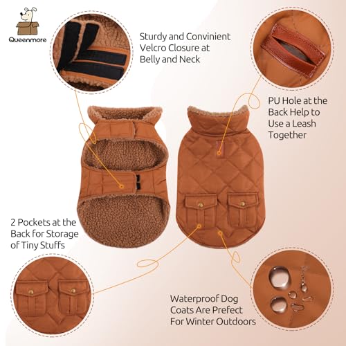Queenmore XS Warm Puffer Dog Jacket Thick Plush Lining Winter Puppy Coat - color: Brown, size: X-Small