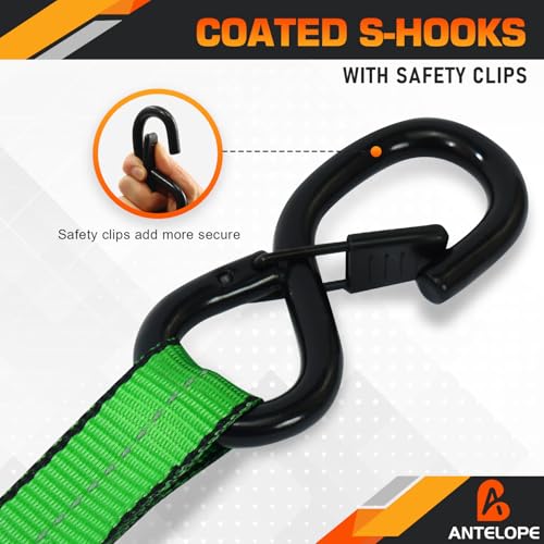 A ANTELOPE 4 Pack 1" x 15' Ratchet Tie Down Straps with S Hooks, Green - color: Green, size: 4PK-1 in