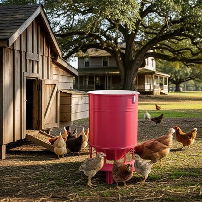 Solution4Patio 50LB No-Waste Chicken Feeder, Large Capacity Gravity Dispenser with Spill Control & 16 Feeding Ports Poultry Feeder for Outdoors & Hen Coop (Red) - color: Red