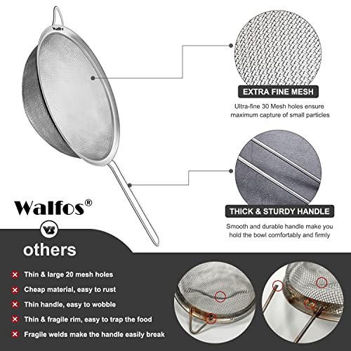 Walfos 8.6 Inch Large Fine Mesh Strainer, Kitchen Metal Food Strainers with Sturdy Handle, Stainless Steel 30 Mesh Sieve Sifters for Rice, Quinoa, Pasta, Fruits, Vegetables, etc. - size: 8.6"