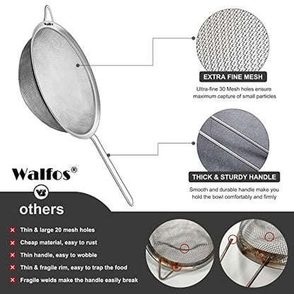Walfos 8.6 Inch Large Fine Mesh Strainer, Kitchen Metal Food Strainers with Sturdy Handle, Stainless Steel 30 Mesh Sieve Sifters for Rice, Quinoa, Pasta, Fruits, Vegetables, etc. - size: 8.6"