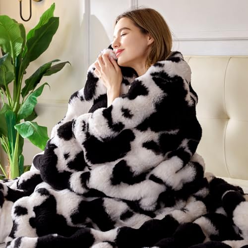 Anysay Faux Fur Throw Blanket, 1000GSM Fluffy Soft Bubble Blanket 60''*80'' - color: Cow Black, size: Twin