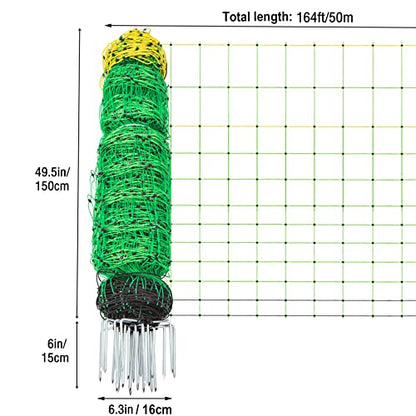 TMEE Electric Fence Netting Livestock Fencing for Goat with 14 Posts Double Spiked, Portable Mesh for Sheep, Deer, Hogs, Dogs in Backyards, Farms and Ranches, 49.6" H x 164' L, Green - size: 49.6" H
