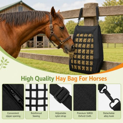Hay Bags for Horses Slow Feed, 35L Large Capacity Hay Feeder with Zipper Design for Easy Filling, 1680D Heavy Duty Slow Flow Hay Net for Stable Pasture Trailer Ground Feeding, Hanging and Clean Eating