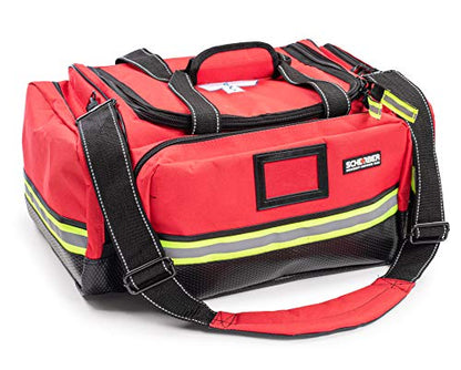 Scherber Fully-Stocked First Responder Professional Advanced EMT/EMS Trauma Kit | HSA/FSA Approved | Reflective Bag w/10+ Compartments, Zippered Pockets & 250+ First Aid Supplies (Red) - color: Red